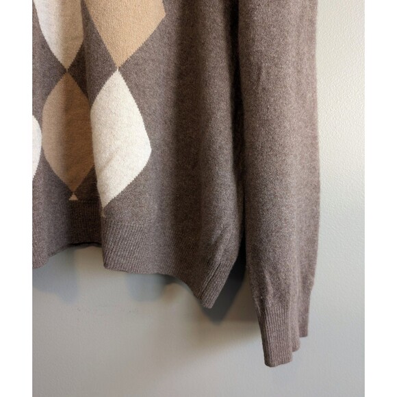 Tasso Elba Size XL 100% Cashmere Sweater Mens Argyle V-neck Brown Pullover LS - Picture 3 of 5